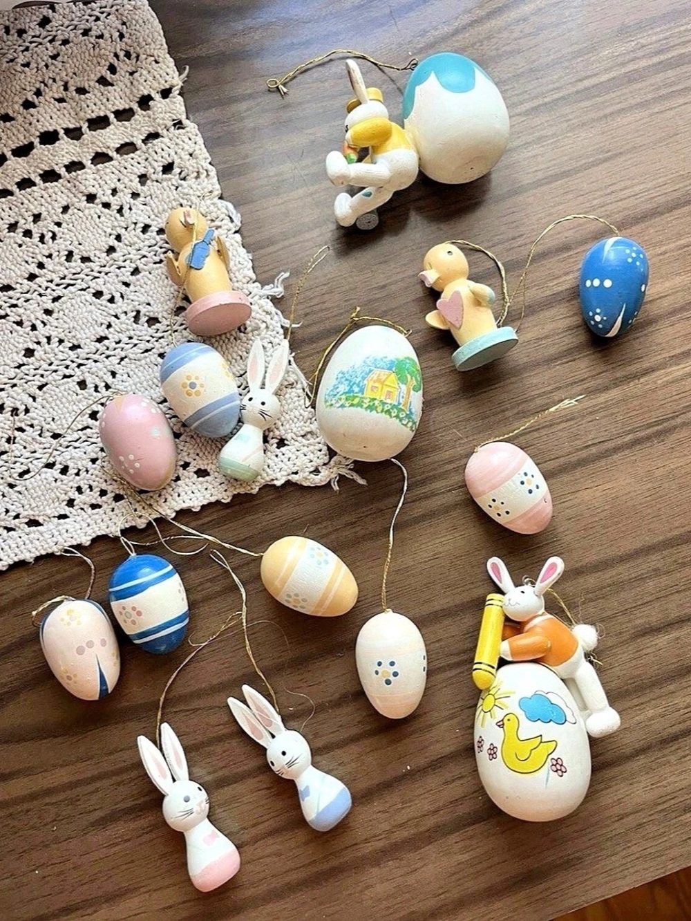 Vintage Wooden Easter Ornaments, Eggs, Bunny Rabbits, Birds, Pink Blue Pastel